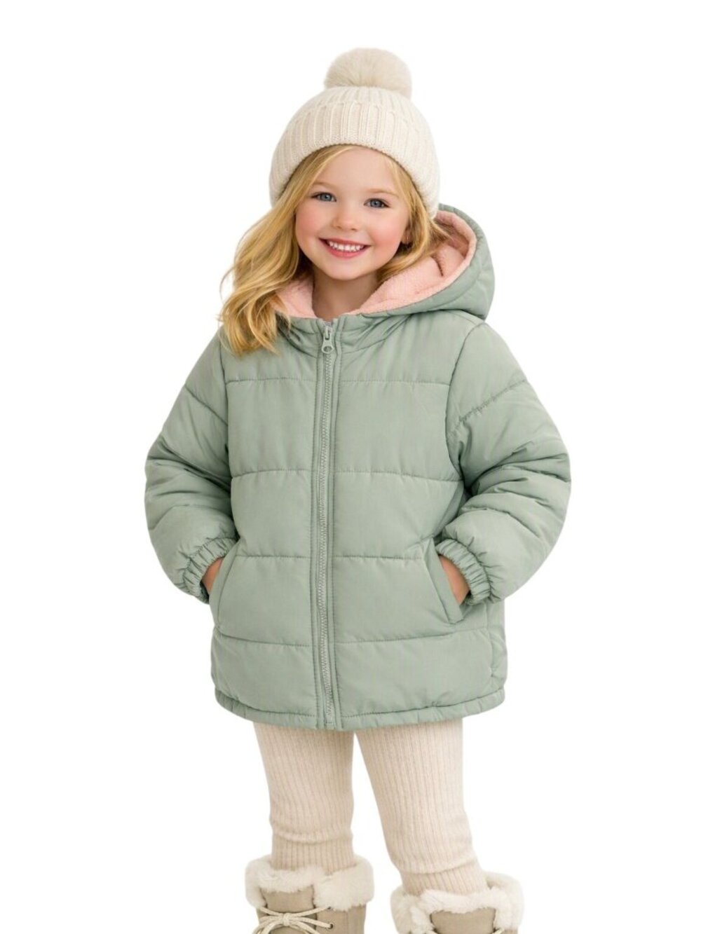 NWT London Fog Girls Sage Hooded Puffer Jacket Coat Size L/6X Pink Fleece Lining